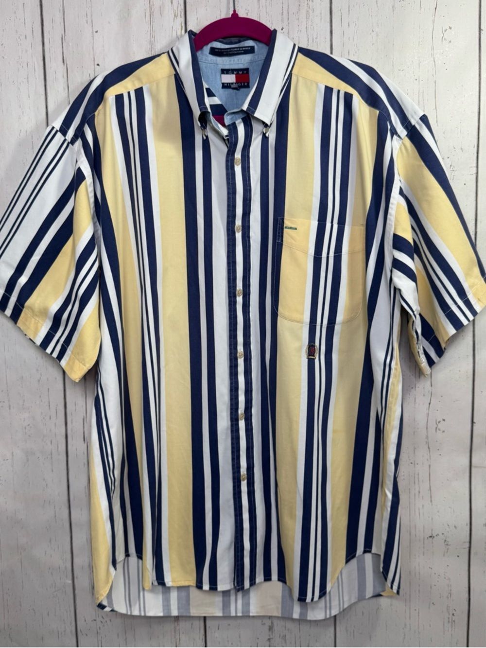 Tommy Hilfiger Striped Button Up Shirt Yellow Blue Vintage Preppy 90s Size XL